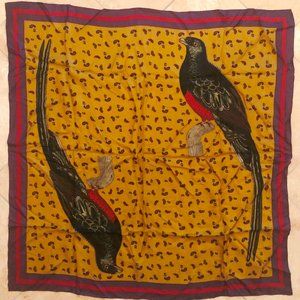 Longtail Pheasant? BIrd Small Paisley Silk Scarf Unbranded Tan Purple EUC